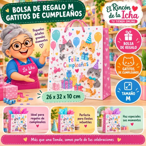 RI-0009982 Bolsa de Regalo Tamaño M Diseño Gatitos de Cumpleaños de 26 x 32 x 10 cm Feliz