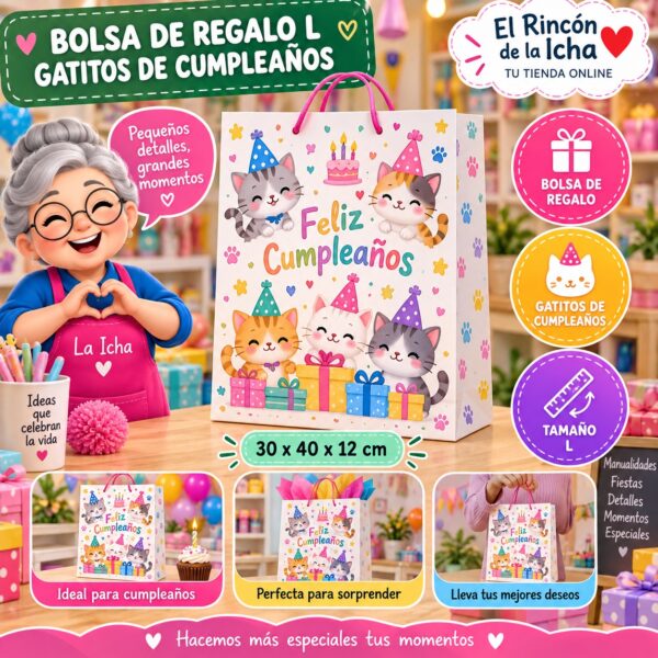 RI-0009983 Bolsa de Regalo Tamaño L Diseño Gatitos de Cumpleaños de 30 x 40 x 12 cm Feliz