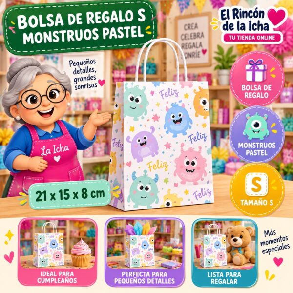 RI-0009984 Bolsa de Regalo Tamaño S Diseño Monstruos Pastel de 21 x 15 x 8 cm Feliz