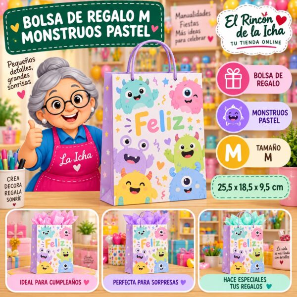 RI-0009985 Bolsa de Regalo Tamaño M Diseño Monstruos Pastel de 25,5 x 18,5 x 9,5 cm Feliz