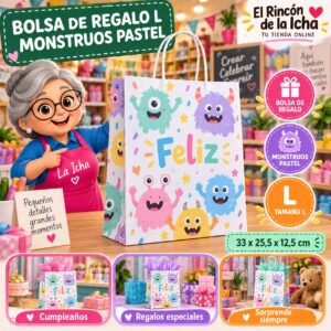 RI-0009986 Bolsa de Regalo Tamaño L Diseño Monstruos Pastel de 33 x 25,5 x 12,5 cm Feliz