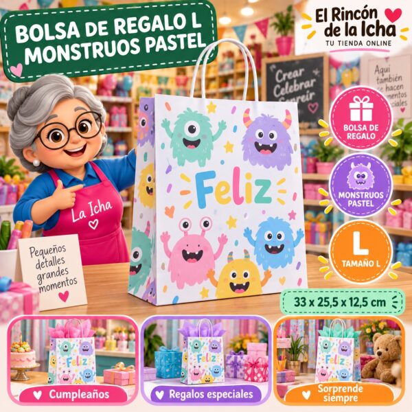 RI-0009986 Bolsa de Regalo Tamaño L Diseño Monstruos Pastel de 33 x 25,5 x 12,5 cm Feliz