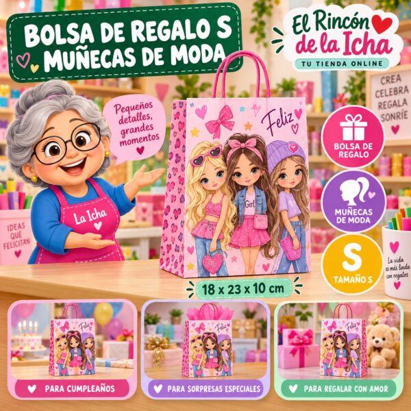 RI-0009987 Bolsa de Regalo Tamaño S Diseño Muñecas de Moda de 18 x 23 x 10 cm Feliz