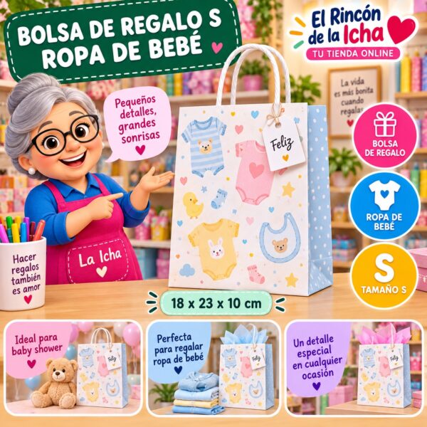 RI-0009988 Bolsa de Regalo Tamaño S Diseño Ropa de Bebé de 18 x 23 x 10 cm Feliz