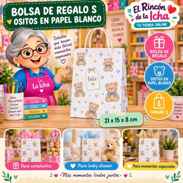 Bolsa de Regalo Tamaño S Diseño Ositos en Papel Blanco de 21 x 15 x 8 cm Feliz