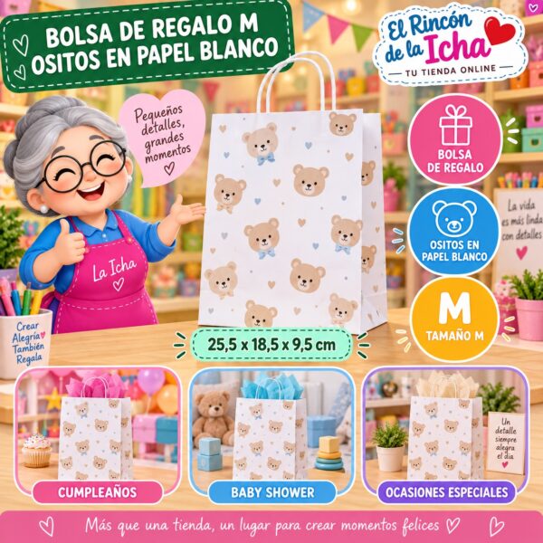 RI-0009990 Bolsa de Regalo Tamaño M Diseño Ositos en Papel Blanco de 25,5 x 18,5 x 9,5 cm Feliz