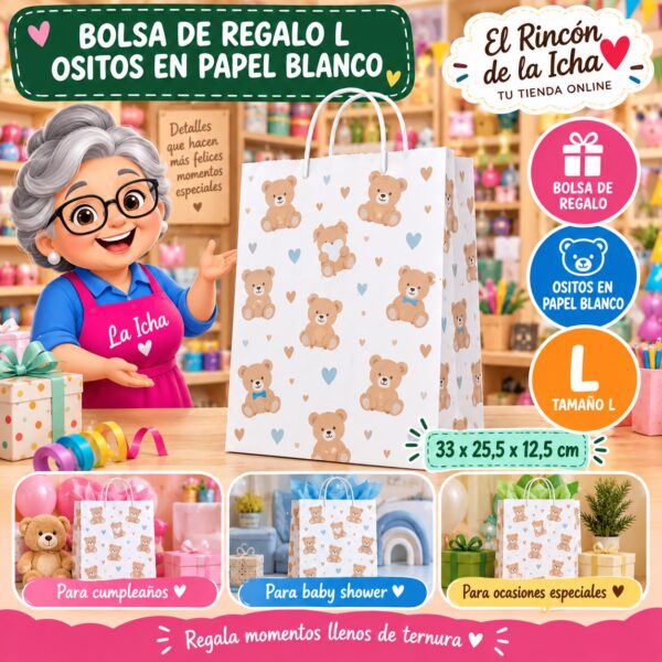 Bolsa de Regalo Tamaño L Diseño Ositos en Papel Blanco de 33 x 25,5 x 12,5 cm Feliz