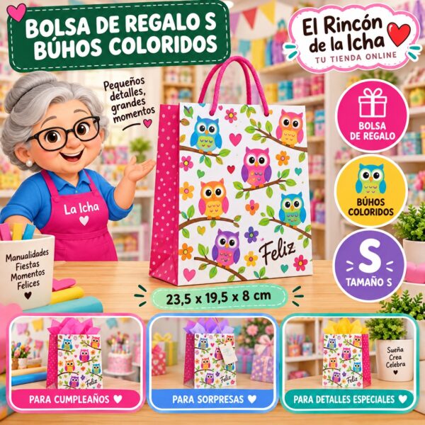 RI-0009992 Bolsa de Regalo Tamaño S Diseño Búhos Coloridos de 23,5 x 19,5 x 8 cm Feliz