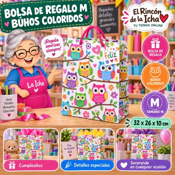 Bolsa de Regalo Tamaño M Diseño Búhos Coloridos de 32 x 26 x 10 cm Feliz