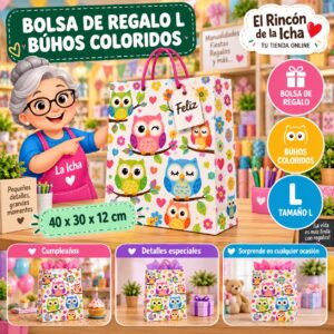 RI-0009994 Bolsa de Regalo Tamaño L Diseño Búhos Coloridos de 40 x 30 x 12 cm Feliz