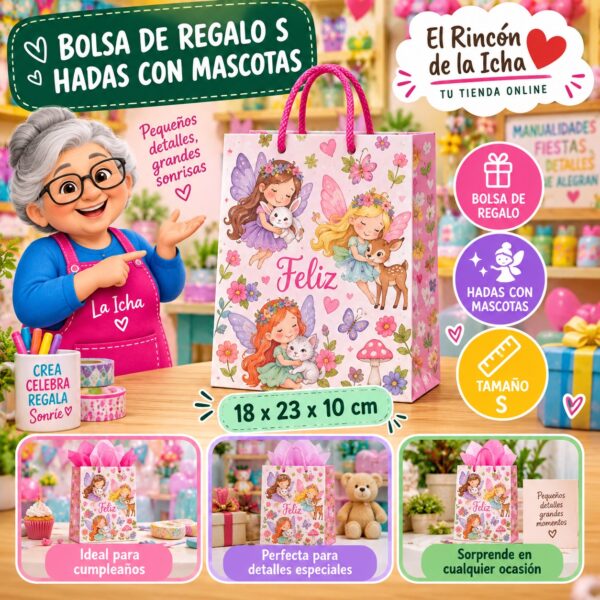 RI-0009995 Bolsa de Regalo Tamaño S Diseño Hadas con Mascotas de 18 x 23 x 10 cm Feliz