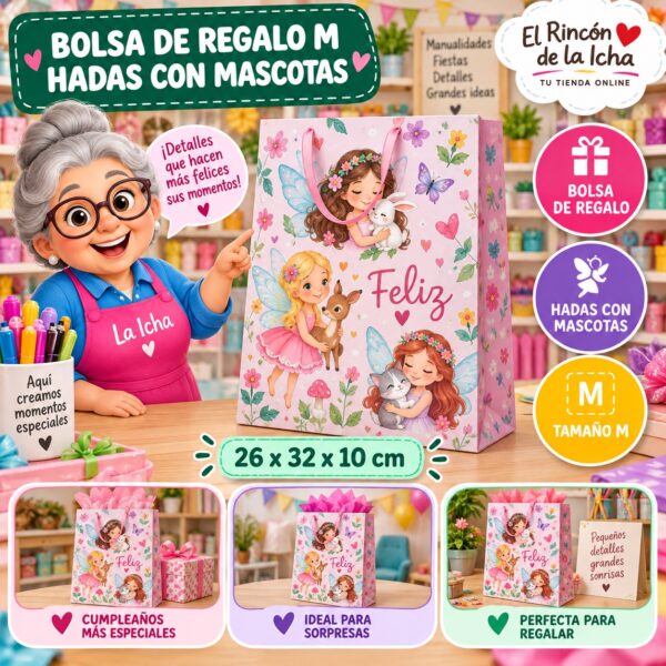 RI-0009996 Bolsa de Regalo Tamaño M Diseño Hadas con Mascotas de 26 x 32 x 10 cm Feliz