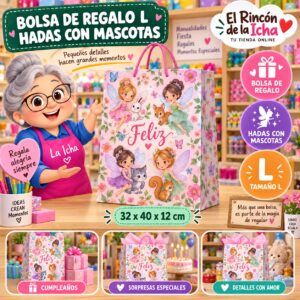 RI-0009997 Bolsa de Regalo Tamaño L Diseño Hadas con Mascotas de 32 x 40 x 12 cm Feliz