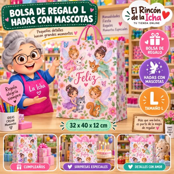 RI-0009997 Bolsa de Regalo Tamaño L Diseño Hadas con Mascotas de 32 x 40 x 12 cm Feliz