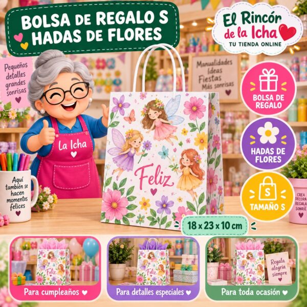 RI-0009998 Bolsa de Regalo Tamaño S Diseño Hadas de Flores de 18 x 23 x 10 cm Feliz