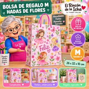 RI-0009999 Bolsa de Regalo Tamaño M Diseño Hadas de Flores de 26 x 32 x 10 cm Feliz