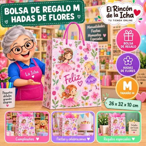 RI-0009999 Bolsa de Regalo Tamaño M Diseño Hadas de Flores de 26 x 32 x 10 cm Feliz