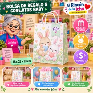 RI-0010000 Bolsa de Regalo Tamaño S Diseño Conejitos Baby de 18 x 23 x 10 cm Feliz