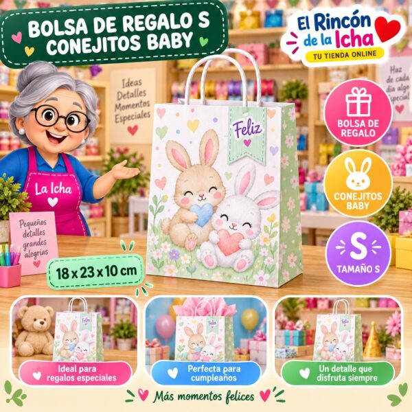 RI-0010000 Bolsa de Regalo Tamaño S Diseño Conejitos Baby de 18 x 23 x 10 cm Feliz