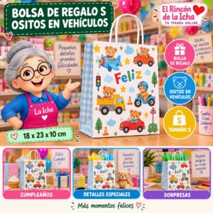 RI-0010001 Bolsa de Regalo Tamaño S Diseño Ositos en Vehículos de 18 x 23 x 10 cm Feliz