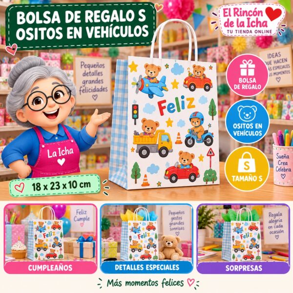 RI-0010001 Bolsa de Regalo Tamaño S Diseño Ositos en Vehículos de 18 x 23 x 10 cm Feliz