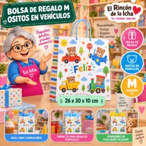 RI-0010002 Bolsa de Regalo Tamaño M Diseño Ositos en Vehículos de 26 x 30 x 10 cm Feliz