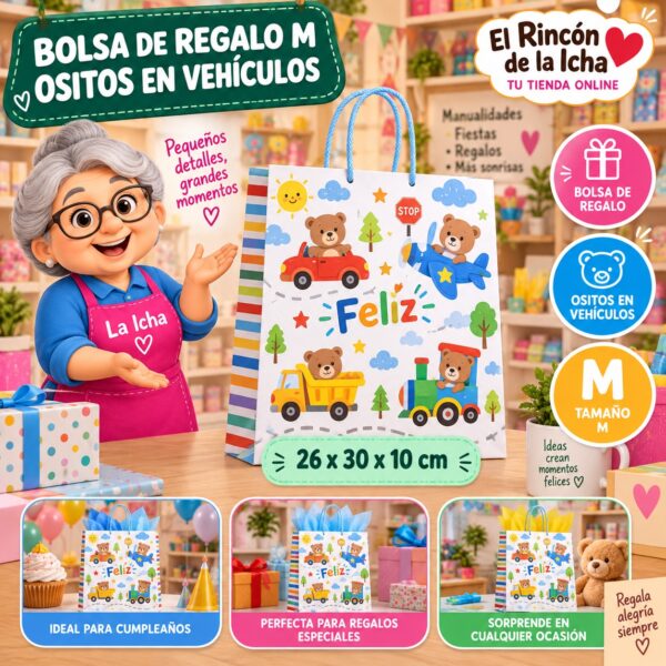 RI-0010002 Bolsa de Regalo Tamaño M Diseño Ositos en Vehículos de 26 x 30 x 10 cm Feliz