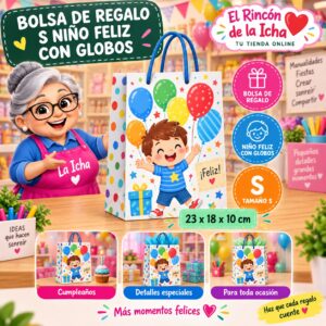 RI-0010003 Bolsa de Regalo Tamaño S Diseño Niño Feliz con Globos de 23 x 18 x 10 cm Feliz