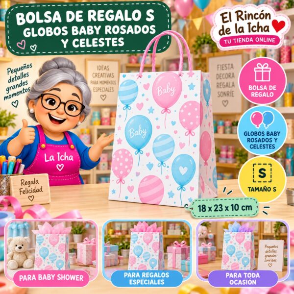 RI-0010004 Bolsa de Regalo Tamaño S Diseño Globos Baby Rosados y Celestes de 18 x 23 x 10 cm Feliz