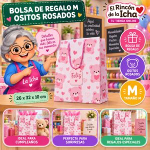 RI-0010005 Bolsa de Regalo Tamaño M Diseño Ositos Rosados de 26 x 32 x 10 cm Feliz