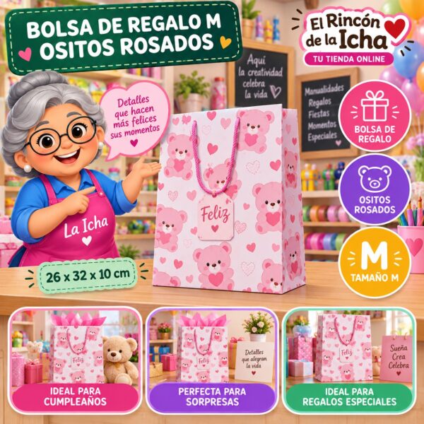 RI-0010005 Bolsa de Regalo Tamaño M Diseño Ositos Rosados de 26 x 32 x 10 cm Feliz