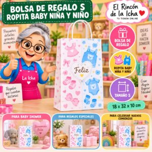 RI-0010007 Bolsa de Regalo Tamaño S Diseño Ropita Baby Niña y Niño de 18 x 32 x 10 cm Feliz