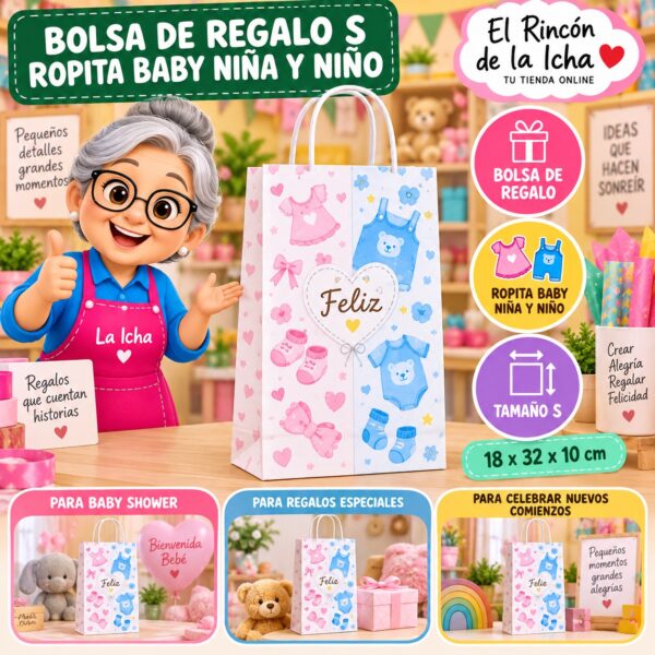 RI-0010007 Bolsa de Regalo Tamaño S Diseño Ropita Baby Niña y Niño de 18 x 32 x 10 cm Feliz