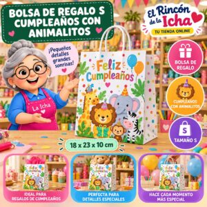 RI-0010008 Bolsa de Regalo Tamaño S Diseño Cumpleaños con Animalitos de 18 x 23 x 10 cm Feliz