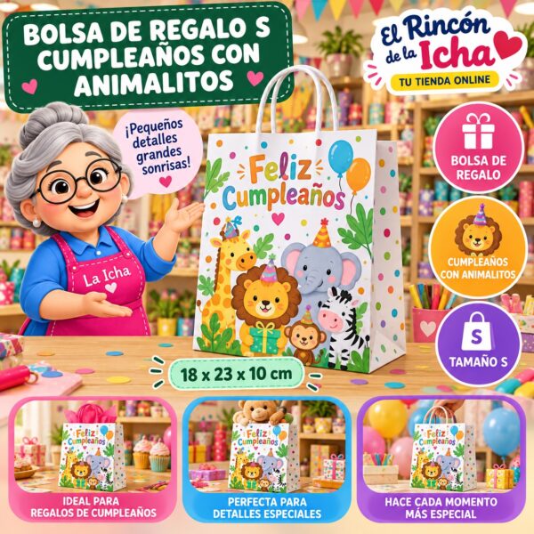 RI-0010008 Bolsa de Regalo Tamaño S Diseño Cumpleaños con Animalitos de 18 x 23 x 10 cm Feliz