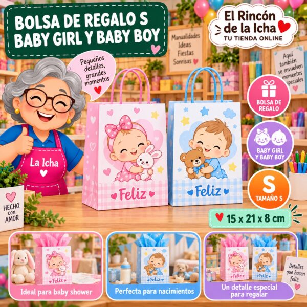 RI-0010009 Bolsa de Regalo Tamaño S Diseño Baby Girl y Baby Boy de 15 x 21 x 8 cm Feliz