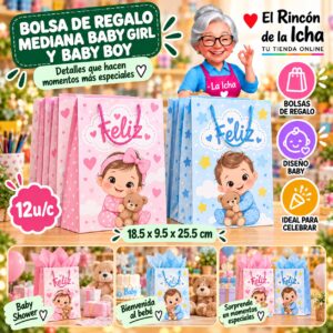 RI-0010010 Bolsa de Regalo Mediana, Diseños Baby Girl Y Baby Boy 18.5 x 9.5 x 25.5cm Feliz