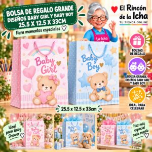 RI-0010011 Bolsa de Regalo Grande, Diseños Baby Girl Y Baby Boy 25.5 x 12.5 x 33cm Feliz