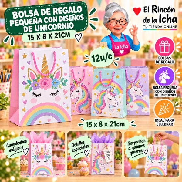 RI-0010012 Bolsa de Regalo Pequeña Con Diseños De Unicornio 15 x 8 x 21cm Feliz
