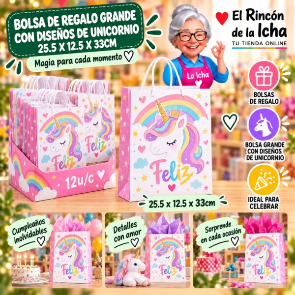 RI-0010013 Bolsa de Regalo Grande Con Diseños De Unicornio 25.5 x 12.5 x 33cm Feliz