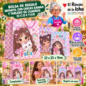RI-0010014 Bolsa de Regalo Infantil Con Chicas Kawaii Y Tablero De Cuadros 22 x 23 x 11cm Feliz