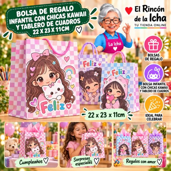 RI-0010014 Bolsa de Regalo Infantil Con Chicas Kawaii Y Tablero De Cuadros 22 x 23 x 11cm Feliz