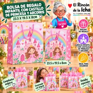RI-0010015 Bolsa de Regalo Infantil Con Castillo De Princesa Y Arcoíris 23.5 x 19.5 x 8cm Feliz