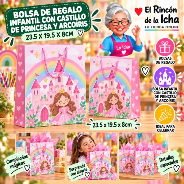 RI-0010015 Bolsa de Regalo Infantil Con Castillo De Princesa Y Arcoíris 23.5 x 19.5 x 8cm Feliz