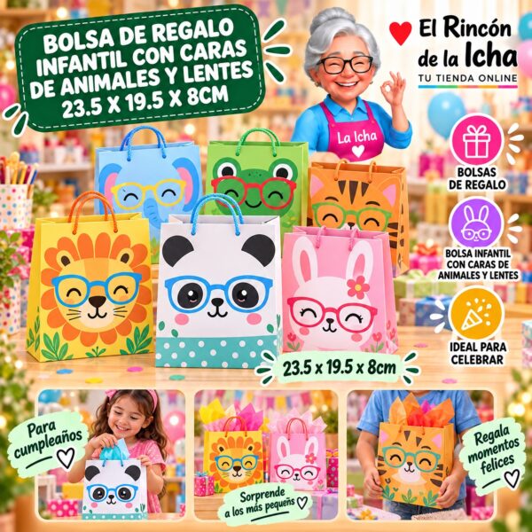 RI-0010016 Bolsa de Regalo Infantil Con Caras De Animales Y Lentes 23.5 x 19.5 x 8cm Feliz