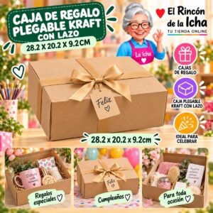 Caja de Regalo Plegable Kraft Con Lazo 28.2 x 20.2 x 9.2cm Feliz