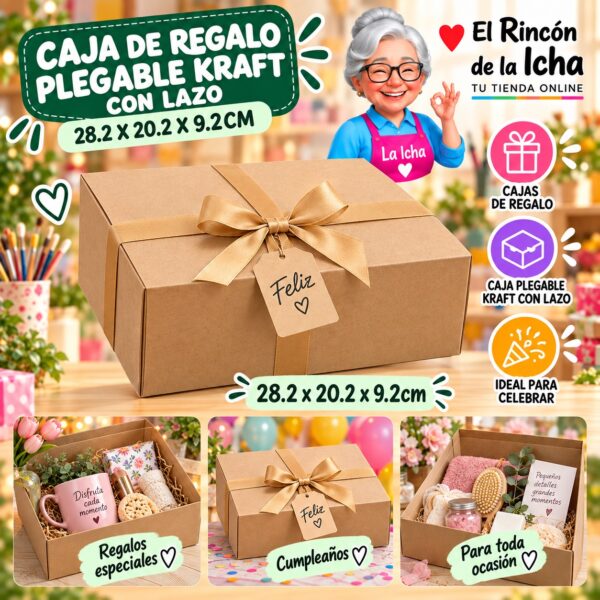 RI-0010017 Caja de Regalo Plegable Kraft Con Lazo 28.2 x 20.2 x 9.2cm Feliz