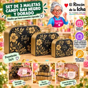 Set de 3 Maletas Candy Bar Negro y Dorado Feliz