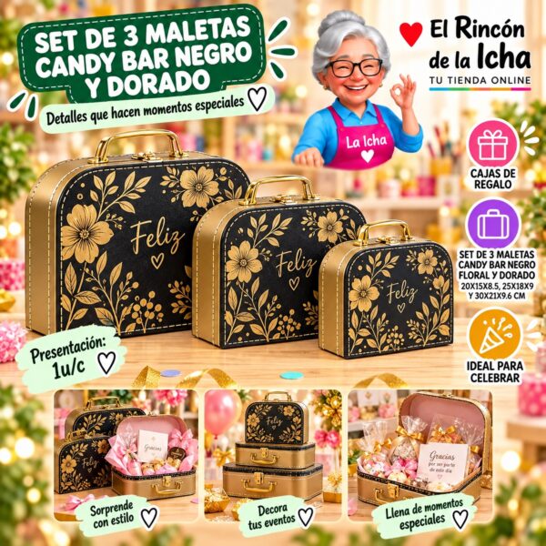 RI-0010018 Set de 3 Maletas Candy Bar Negro y Dorado Feliz