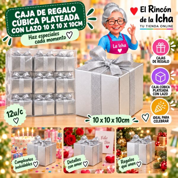 RI-0010019 Caja de Regalo Cúbica Plateada Con Lazo 10 x 10 x 10cm Feliz